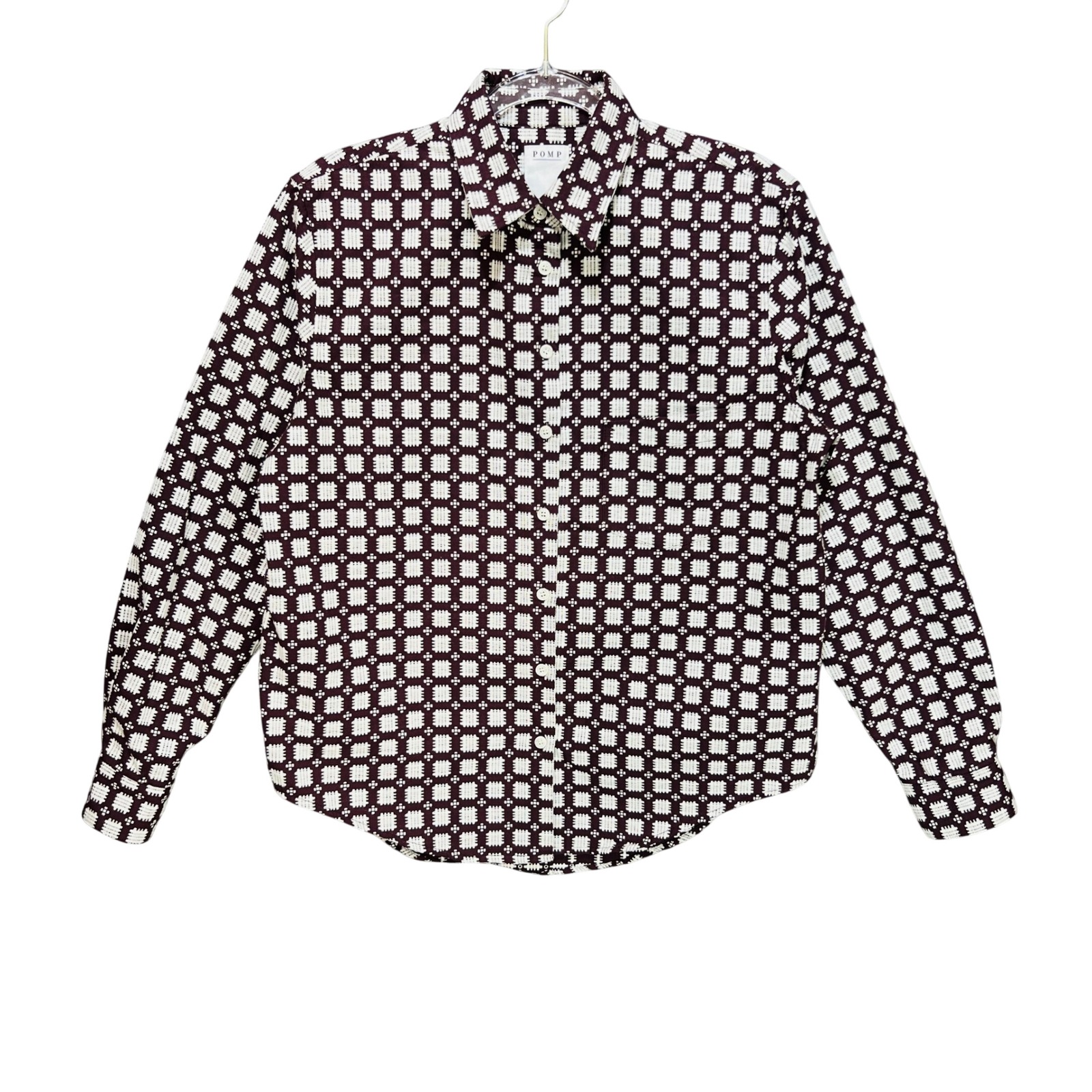 Pomp Proper Fit Button Shirt Sz M Burgundy Dobby Weave Grid Capsule Minimalist — image 2 of 8